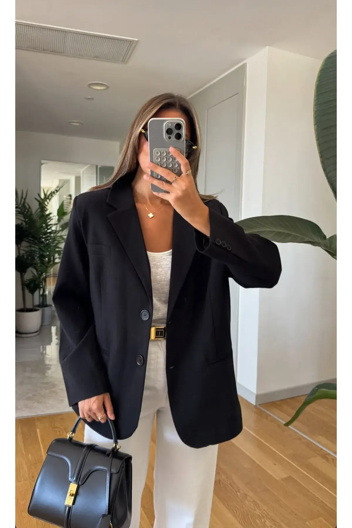 Kadın Kahverengi Kruvaze Yaka Oversize Blazer Ceket Standart - Siyah
